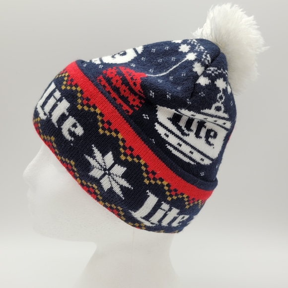 MILLER LITE | pompom Christmas holiday bauble snowflake knit beanie toque hat - Picture 2 of 6